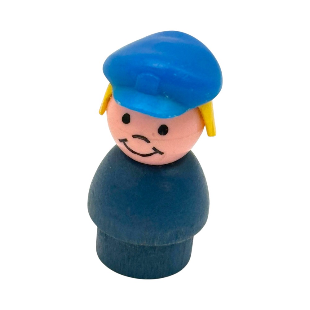Fisher Price Little People Pilot Figure Blue Hat Blue Body Vintage Wood Toy 70s